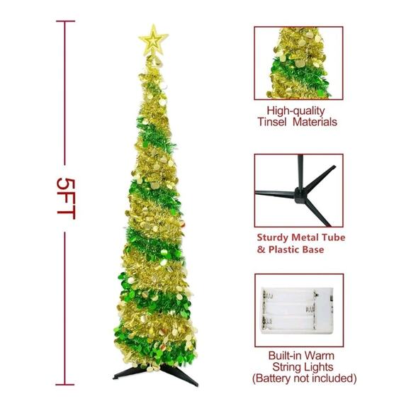 5FT Pop up Christmas Tree Decoration for Indoor, Gold Green Tinsel Pencil Tree w - Picture 4 of 7
